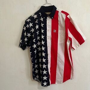 Sun River Red White Blue Stars And Stripes Flag Button Down Cotton Shirt Size M